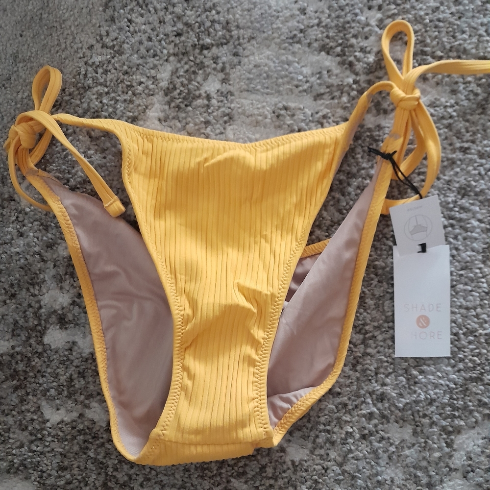 Shade & Shore Women's Yellow Ribbed Tie String Bikini Swim Bottom Size M (8-10)